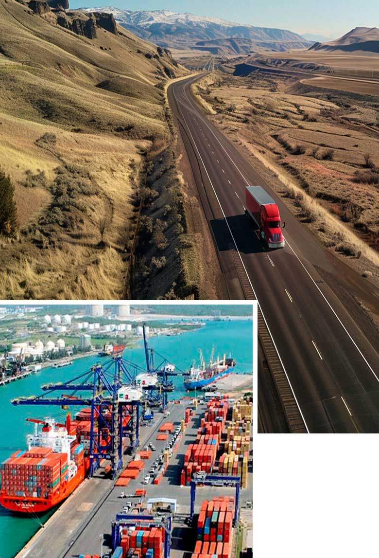 RYSZARD freight truck on the highway and container drayage at the Port of Altamira